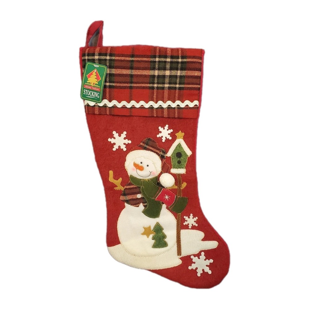 Holiday Traditions Red Christmas Stocking‎ Snowman Birdhouse 18" Plaid Cuff NEW